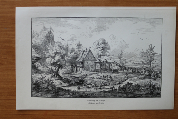 Wood Engraving Farm in the morning 1887 after sketch by E Hasse Art Artist